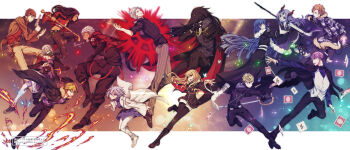  6+boys absurdres aerosol agatha_flattz animal_head bandana bandana_over_mouth bird_boy black_hair black_pantyhose black_sclera black_skin black_suit blonde_hair blue_eyes blue_hair blunt_bangs brothers brown_hair burn_scar camouflage camouflage_jacket card caron_(higyaku_no_noel) colored_sclera colored_skin crowbar cutlass dark-skinned_female dark_skin demon_boy demon_girl demon_horns dratton_bergman dress eyepatch fire formal_clothes fugo_dressel fur-trimmed_jacket fur_trim glasses grey_hair grey_skin gun hair_over_one_eye highres higyaku_no_noel holding holding_crowbar holding_gun holding_scythe holding_weapon hood hoodie horns jacket jillian_littner jino_lorenzi lauro_maestri long_hair luce_marie multicolored_hair multiple_boys nanoko noel_cerquetti old old_man orange_hair oscar_dressel pantyhose pink_hair playing_card purple_eyes purple_hair red_eyes red_jacket red_vest ribelio_strada russell_burrows scar scar_on_face scar_on_forehead scythe severed_arm severed_limb short_hair shorts siblings smile spica_(higyaku_no_noel) spray_can streaked_hair suit vest weapon zoe_taska 