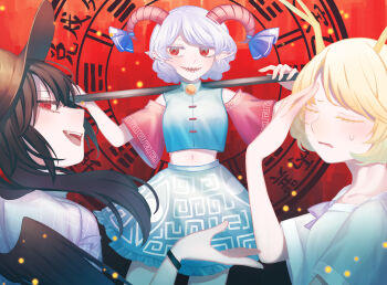  3girls animal_realm_yakuza_(touhou) antlers arm_up bagua black_hair black_wings black_wrist_cuffs blonde_hair bloom blue_bow blue_shirt blue_skirt bow brooch brown_hat closed_eyes commentary_request cowboy_hat cowboy_shot crop_top earrings fang floating_hair frilled_skirt frills giant_spoon goat_girl goat_horns hand_on_own_forehead hat highres holding holding_behind_neck holding_spoon horn_bow horn_ornament horns jewelry kicchou_yachie kurokoma_saki light_particles looking_at_viewer looking_to_the_side meandros midriff multiple_girls navel open_mouth parted_lips pointy_ears red_background red_eyes red_horns red_sleeves sharp_teeth shirt short_sleeves skirt smile spoon sunken_fossil_world sweatdrop swept_bangs teeth toraneko_2 touhou toutetsu_yuuma translation_request trigram unamused upper_body white_hair wide_sleeves wings wrist_cuffs 