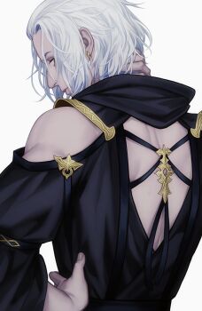  1boy arm_behind_head back_cutout bare_shoulders black_robe closed_mouth clothing_cutout earrings emet-selch final_fantasy final_fantasy_xiv gold_trim hand_in_own_hair hand_on_own_hip hood hood_down hooded_robe jewelry long_sleeves looking_at_viewer male_focus medium_hair parted_bangs robe shoulder_cutout solo white_hair yellow_eyes zhyphenth 