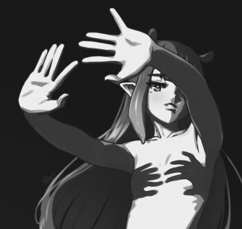  1girl alten artist_name commentary flat_chest greyscale hand_shadow_covering_breasts_(meme) highres hololive hololive_english long_hair mole mole_under_eye monochrome ninomae_ina'nis outstretched_arms shadow solo tentacle_hair topless_female untranslatable_commentary virtual_youtuber 