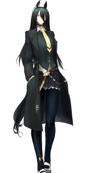  1girl absurdres ahoge animal_ears black_choker black_coat black_hair black_pantyhose black_shirt black_skirt choker closed_mouth coat collared_shirt commentary_request ear_tag earrings fujigaya_seizo full_body gloves hair_between_eyes hands_in_pockets highres horse_ears horse_girl horse_tail jewelry long_bangs long_hair long_hair_between_eyes long_sleeves looking_at_viewer manhattan_cafe_(creeping_shadow)_(umamusume) manhattan_cafe_(umamusume) midriff_peek multicolored_hair navel necktie pantyhose shirt shoes simple_background single_earring skirt solo tail umamusume very_long_hair white_background white_hair yellow_eyes yellow_necktie 