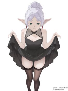  1girl absurdres alternate_costume alternate_hairstyle bare_shoulders black_dress breasts brown_thighhighs cleavage_cutout closed_mouth clothes_lift clothing_cutout commentary_request dress dress_lift earrings elf feet_out_of_frame frieren green_eyes grey_hair hair_bun highres houlestia jewelry lace lace-trimmed_thighhighs lace_trim lifting_own_clothes looking_at_viewer medium_hair parted_bangs patreon_username pointy_ears simple_background sleeveless sleeveless_dress small_breasts smug solo sousou_no_frieren standing teardrop_earrings thighhighs thighs twitter_username white_background zettai_ryouiki 
