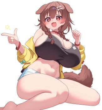  1girl animal_ears blush bone_hair_ornament bone_print braid breasts cleavage collar commentary_request curvy dog_ears dog_girl dog_tail full_body gabai hair_ornament highres hololive huge_breasts index_finger_raised inugami_korone jacket long_sleeves looking_at_viewer navel open_mouth plump red_eyes shorts side_braids simple_background sitting solo sports_bra stomach tail twin_braids variant_set virtual_youtuber white_background white_shorts yellow_jacket 