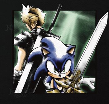  2boys armor back-to-back bandaged_arm bandages black_border blonde_hair border buster_sword closed_mouth cloud_strife fighting_stance final_fantasy final_fantasy_vii frown furrowed_brow furry furry_male furry_with_non-furry gloves green_eyes hair_over_eyes hedgehog_boy highres holding holding_sword holding_weapon interspecies male_focus mamono_world multiple_boys pauldrons ribbed_shirt shirt short_hair shoulder_armor single_pauldron sleeveless sleeveless_turtleneck sonic_(series) sonic_and_the_black_knight sonic_the_hedgehog spiked_hair sword sword_on_back turtleneck upper_body weapon weapon_on_back white_gloves 