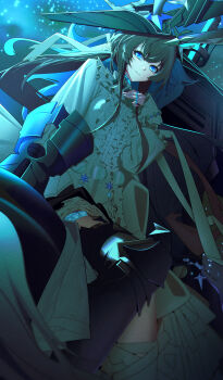  1girl absurdres amiya_(arknights) amiya_(guard)_(arknights) amiya_(guard)_(in_a_myriad_of_universes)_(arknights) animal_ears arknights blue_eyes brown_hair center_frills closed_mouth commentary_request feet_out_of_frame frills from_below highres kimo_suna long_hair long_sleeves looking_at_viewer night official_alternate_costume outdoors rabbit_ears rabbit_girl sky sleeves_past_wrists smile solo star_(sky) starry_sky very_long_hair 