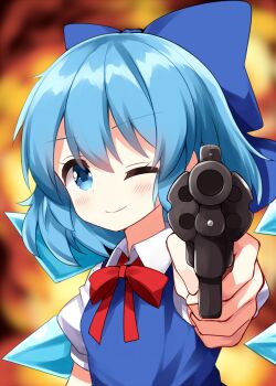  1girl ;) aiming aiming_at_viewer blue_bow blue_dress blue_eyes blue_hair blurry blurry_background blush bow cirno closed_mouth collared_shirt commentary_request detached_wings dress gun hair_bow handgun highres holding holding_gun holding_weapon ice ice_wings looking_at_viewer neck_ribbon one_eye_closed pinafore_dress puffy_short_sleeves puffy_sleeves red_ribbon revolver ribbon ruu_(tksymkw) shirt short_hair short_sleeves sleeveless sleeveless_dress smile solo touhou upper_body weapon white_shirt wings 