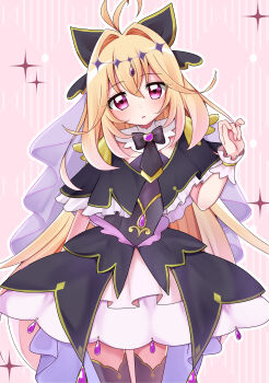  1girl absurdres antenna_hair argyle_background black_bow black_capelet black_dress black_thighhighs blonde_hair bow brooch capelet cowboy_shot cure_arcana_shadow diamond_hairband dress hair_bow hair_intakes head_tilt heart heart_brooch highres jewelry layered_dress legs_apart long_hair meitantei_precure! moria_luluka moyataso pink_background precure purple_eyes purple_veil solo standing thighhighs veil white_wrist_cuffs wrist_cuffs 