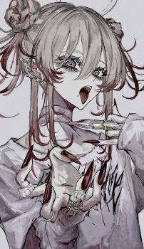  1girl commentary double_bun ear_cuffs grey_eyes grey_hair hair_bun highres jagged_sclera multicolored_hair nail_polish original piercing red_hair ringed_eyes satoinu111 tongue tongue_out tongue_piercing two-tone_hair 