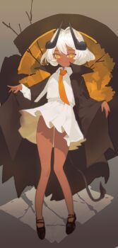  1girl absurdres black_shoes demon_girl demon_horns demon_tail highres horns looking_at_viewer necktie original rishe_(reeeeshe) shoes standing tail tan white_hair yellow_eyes 