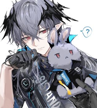  1boy 1other :< ? absurdres arknights black_gloves black_jacket character_doll closed_mouth doll earrings fractalmagnolia gloves grey_hair hair_between_eyes half_gloves head_wings highres holding holding_stuffed_toy jacket jewelry logos_(arknights) looking_at_viewer male_focus mole mole_under_eye pointy_ears pov pov_hands red_eyes rhodes_island_uniform simple_background solo_focus spoken_question_mark stuffed_animal stuffed_rabbit stuffed_toy upper_body white_background wings 