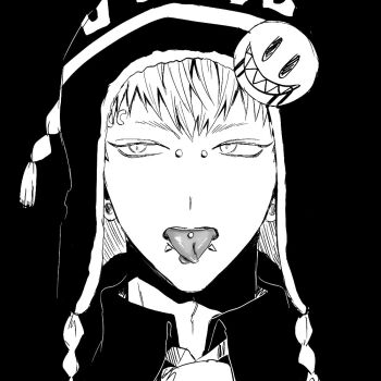  1boy badge black_background bridge_piercing button_badge chullo collared_shirt commentary dramatical_murder ehdkdgllll eyebrow_piercing face_piercing forked_tongue greyscale hat labret_piercing looking_to_the_side male_focus monochrome necktie noiz_(dramatical_murder) piercing portrait shirt short_hair sideways_glance simple_background sketch smiley_face solo tongue tongue_out tongue_piercing 