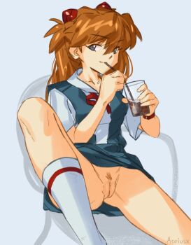  1girl aseiusx blue_eyes cleft_of_venus come_hither drinking_straw hair_between_eyes neon_genesis_evangelion orange_hair pubic_hair pussy red_ribbon ribbon school_uniform sitting smile socks solo souryuu_asuka_langley tokyo-3_middle_school_uniform uncensored white_socks  rating:Explicit score:280 user:danbooru