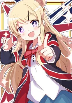  +_+ 1girl :d absurdres blonde_hair blush bow bowtie chamoraile commentary_request hair_bun hair_ornament hairclip highres kin-iro_mosaic kujou_karen long_hair looking_at_viewer moegi_high_school_uniform open_mouth pink_bow pink_bowtie purple_eyes school_uniform single_hair_bun skirt smile solo striped_bow striped_bowtie striped_clothes union_jack very_long_hair x_hair_ornament 