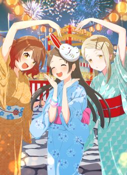  3girls absurdres ahoge arm_up blue_kimono blush bracelet breasts brown_eyes brown_hair cobblestone commentary_request cowboy_shot facing_viewer festival fireworks gakuen_idolmaster green_kimono hanami_ume hands_up heart_arms heart_arms_duo highres idolmaster japanese_clothes jewelry kimono kuramoto_china lantern long_hair looking_at_viewer mask mask_on_head medium_breasts medium_hair multiple_girls night nokino_shida obi obiage obijime outdoors paper_lantern rabbit_mask railing sash shinosawa_hiro sky wide_sleeves yellow_kimono 