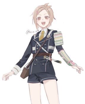  1boy antenna_hair arm_armor black_shirt black_shorts brown_bag brown_eyes brown_hair commentary_request cowboy_shot crossbody_bag forehead grin hair_ornament hairpin houchou_toushirou long_sleeves looking_at_viewer male_focus open_mouth re_e_09 shirt short_hair shorts simple_background smile solo teeth tongue touken_ranbu twitter_username white_background 