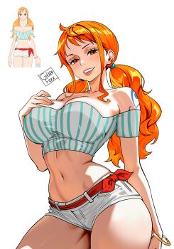  1girl artist_name bangle bare_shoulders belt belt_ribbon blush bracelet breasts cleavage collarbone commentary cowboy_shot crop_top cropped_shirt curvy denim denim_shorts english_commentary eyelashes gold_bracelet goldenfoxx hand_on_own_chest jewelry large_breasts lips long_hair looking_at_viewer low_twintails midriff nami_(one_piece) narrow_waist navel off-shoulder_shirt off_shoulder official_alternate_costume official_alternate_hairstyle one_piece orange_eyes orange_hair parted_lips pink_lips red_belt reference_inset shirt short_shorts shorts shoulder_tattoo sidelocks simple_background solo striped_clothes striped_shirt tattoo twintails vertical-striped_clothes vertical-striped_shirt wavy_hair white_background white_shorts wide_hips 