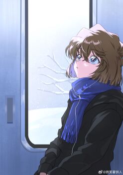  1girl absurdres bisho_imobing_hito black_coat blue_eyes blue_scarf brown_hair coat commentary_request earbuds earphones haibara_ai hair_between_eyes highres indoors long_sleeves looking_up meitantei_conan parted_lips scarf short_hair snowing solo upper_body winter 