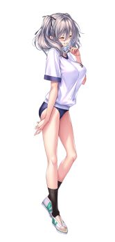  1girl amakano_2 arm_at_side bare_arms barefoot black_ribbon black_shoes blue_buruma blue_eyes blush breasts buruma facing_viewer full_body grey_hair grin gym_shirt gym_uniform hair_between_eyes hair_ribbon hand_up jigokudani_sara large_breasts legs medium_hair mole mole_under_eye official_art piromizu ribbon shirt shoes short_sleeves simple_background smile solo standing tachi-e twintails white_background white_shirt white_shoes 