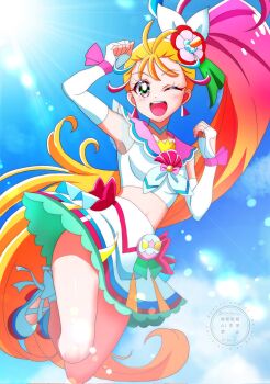  1girl ;d blonde_hair blue_hair blue_sky blurry bokeh bow brooch choker cloud cloudy_sky commentary crop_top cure_summer day depth_of_field earrings elbow_gloves fingerless_gloves flower glove_bow gloves gradient_hair green_eyes hair_flower hair_ornament hair_ribbon hibiscus highres jewelry jumping legs_up long_hair looking_at_viewer magical_girl midriff miniskirt momotarouooi multicolored_eyes multicolored_hair natsuumi_manatsu neckerchief one_eye_closed open_mouth outdoors pact_holder pink_eyes pink_hair pink_sailor_collar pleated_skirt precure red_bow ribbon sailor_collar shell_brooch shirt shoes skirt skirt_bow sky sleeveless sleeveless_shirt smile solo streaked_hair sunlight triangle_earrings tropical-rouge!_precure very_long_hair white_choker white_gloves white_neckerchief white_ribbon white_shirt white_shoes white_skirt 