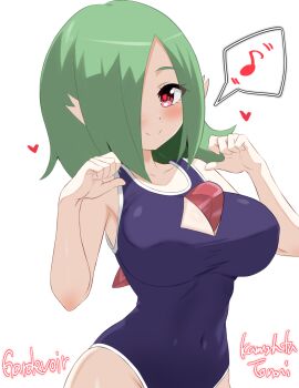  1girl artist_name blue_one-piece_swimsuit blush breasts character_name cleavage_cutout closed_mouth clothing_cutout collarbone covered_navel female_focus gardevoir gen_3_pokemon green_hair hair_over_one_eye hands_up happy heart humanization kamishita_tomori large_breasts looking_at_viewer musical_note nintendo one-piece_swimsuit one_eye_covered paw_pose pokemon red_eyes red_pupils short_hair sidelocks signature simple_background smile solo speech_bubble split_mouth spoken_musical_note swimsuit white_background 
