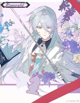  1boy ascot black_shirt cael_anselm cael_anselm_(godheim) cape character_name chess_piece chinese_commentary closed_mouth commentary_request contrast_collar cropped_torso curtains expressionless flower frilled_shirt_collar frills gloves hair_between_eyes highres holding holding_sword holding_weapon jacket knight_(chess) long_hair long_hair_between_eyes long_sleeves looking_at_viewer lovebrush_chronicles male_focus purple_background purple_eyes purple_flower rapier red_ribbon ribbon shirt solo spade_(shape) sword watermark weapon weibo_watermark white_ascot white_cape white_gloves white_hair white_jacket wisteria yan_ge 