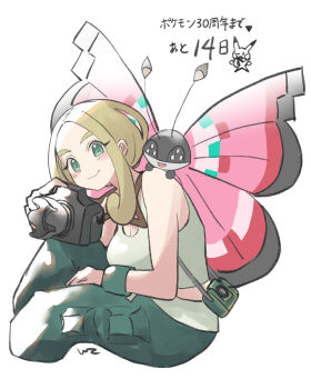  1girl blonde_hair breasts bug camera capri_pants commentary_request cropped_legs e-co gen_6_pokemon green_eyes green_pants highres holding holding_camera insect large_breasts moth nintendo pants photographer pokemon pokemon_(creature) pokemon_xy shirt short_hair sleeveless sleeveless_shirt smile viola_(pokemon) vivillon white_shirt 