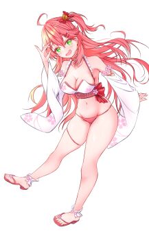  1girl ahoge breasts cleavage collarbone commentary_request detached_sleeves fingernails flip-flops green_eyes hair_between_eyes highres hololive looking_at_viewer nail_polish navel pantyhose pink_hair pink_nails reborn_(killia_kiryu) sakura_miko sandals simple_background smile solo stomach swimsuit thighs toenail_polish toenails white_background white_sleeves 