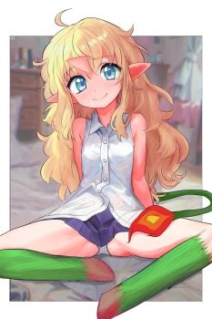  1girl absurdres blonde_hair blue_eyes commentary_request futaba_channel highres horns kirin_(nijiura_maids) large_variant_set long_hair nijiura_maids panties pointy_ears shirt single_horn sitting skirt sleeveless smile solo tsukiyono_aroe underwear variant_set white_panties white_shirt 