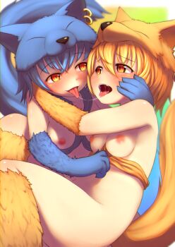  24cakes 2girls after_kiss blonde_hair blue_background blue_hair blurry blurry_background blush border bottomless bra bra_pull breasts cat_o'_nine_tails_(raganarok_online) clothes_pull commentary_request cowboy_shot earrings fox_girl fox_hat fox_tail gloves gradient_background green_background hair_between_eyes halterneck hug jewelry looking_at_another moonlight_flower multiple_girls navel nipples open_mouth ragnarok_online saliva shiny_skin short_hair small_breasts tail tongue tongue_out underwear upper_body white_border yellow_eyes yellow_fur yellow_gloves yellow_legwear yuri 