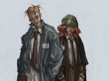  >:) 1boy 1girl aged_up beanie belt black_coat black_necktie blue_coat brown_hair coat collared_shirt cuno cunoesse_vittulainen disco_elysium freckles grin hands_in_pockets hat head_tilt highres looking_at_viewer narrowed_eyes necktie red_hair shirt shirt_tucked_in short_hair smile smirk thatuglymeme v-shaped_eyebrows white_shirt 