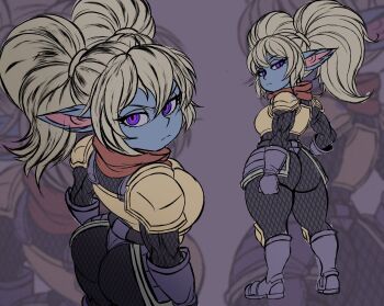  >:( 1girl armor armored_boots blonde_hair boots breastplate chainmail cuirass faulds frown hands_on_own_hips highres knee_guards kwalker1009 league_of_legends long_hair looking_back multiple_girls pauldrons poppy_(league_of_legends) purple_eyes red_scarf scarf shortstack shoulder_armor simple_background standing twintails v-shaped_eyebrows yordle 