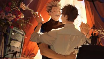  2boys absurdres akaashi_keiji baozaohuang black_hair black_shirt bokuto_koutarou chinese_commentary cigarette closed_eyes closed_mouth collared_shirt commentary_request dancing flower flower_pot haikyuu!! hands_on_another's_back happy height_difference highres holding_hands male_focus multiple_boys open_mouth red_flower ship_name shirt short_hair smile smoke song_name turtleneck two-tone_background upper_body watch white_flower white_hair white_shirt wristwatch yaoi 