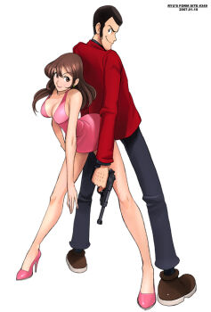  1boy 1girl arched_back arsene_lupin_iii back-to-back brown_hair dress gun handgun high_heels jacket leaning_forward legs long_legs looking_back lupin_iii mine_fujiko pistol red_jacket ryu_(ryu's_form_site) shoes short_dress sideburns skinny skinny tms_entertainment walther weapon  rating:Sensitive score:27 user:danbooru