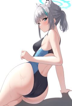 1girl animal_ear_fluff animal_ears arm_support ass ass_focus blue_archive blush breasts competition_swimsuit cross_hair_ornament grey_hair hair_ornament halo helloet11 highres looking_at_viewer looking_back medium_breasts one-piece_swimsuit ponytail shiroko_(blue_archive) shiroko_(swimsuit)_(blue_archive) sidelocks simple_background solo swimsuit water_drop white_background wolf_ears rating:Sensitive score:79 user:danbooru