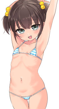 1girl absurdres armpits arms_behind_head arms_up bikini blue_bikini blush brown_hair collarbone commentary_request cowboy_shot fang female_focus flat_chest furrowed_brow grey_eyes hair_bobbles hair_ornament highres loli looking_ahead looking_at_viewer mesugaki micro_bikini navel okura-chan_(at_nya5) open_mouth original paid_reward_available simple_background smile smirk smug solo stomach straight-on striped_bikini striped_clothes swimsuit two_side_up white_background rating:Sensitive score:205 user:danbooru