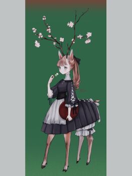  1girl animal_ears apron black_bow black_dress bloomers blush bow braid breasts brown_hair centauroid closed_mouth commentary_request dango deer_ears deer_girl deer_tail dress food from_side full_body green_background green_eyes hair_bow high_collar high_ponytail highres holding holding_tray horns limo_nine maid medium_breasts monster_girl original pillarboxed ponytail shirt solo tail taur tray tree_horns underwear wagashi waist_apron white_bloomers white_shirt 