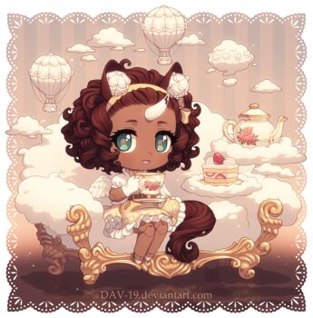  1girl :d aircraft angel_wings animal_ears aqua_eyes blush border brown_hair cake cake_slice chibi chibi_only cloud commentary commission couch cup curly_hair dark-skinned_female dark_skin dav-19 doll doll_joints dress drinking_glass english_commentary food fruit hairband holding holding_cup horse_ears horse_girl horse_tail hot_air_balloon joints lolita_fashion open_mouth original short_hair sitting smile solo strawberry strawberry_shortcake tail tea teacup teapot transparent_background unicorn_girl unicorn_horn watermark web_address wings yellow_dress yellow_hairband 