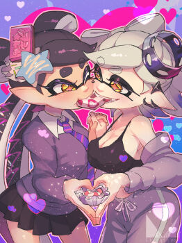  black_hair blush breasts callie_(splatoon) cheek-to-cheek chichi_band cleavage cowboy_shot eating fangs food grey_hair grin hair_ornament heads_together heart heart_hands incest jacket jacket_partially_removed large_breasts long_hair marie_(splatoon) mole mole_under_eye multicolored_hair necktie nintendo off_shoulder pants pleated_skirt pointy_ears sharing_food skirt smile splatoon_(series) sweater sweatpants tank_top tentacle_hair twintails two-tone_hair white_hair yellow_eyes yuri 