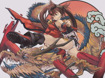  1girl breaking breasts brown_eyes brown_hair china_dress chinese_clothes commentary dragon dress guilty_gear hair_ornament hair_rings highres kicking kuradoberi_jam long_hair nyami panties red_dress simple_background single_hair_ring underwear  rating:Sensitive score:6 user:danbooru