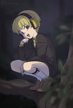  1boy blonde_hair dondoko_mozutaro full_body headphones highres kemono_jihen legwear_garter long_sleeves male_focus mole mole_under_mouth necktie nowaki_homuramaru open_mouth short_hair shorts socks solo squatting teeth tree upper_teeth_only 