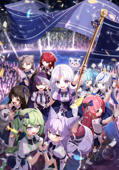  6+girls @_@ absurdres ahoge akane_lize animal_ears aokumo_rin arahashi_tabi arnyang_(ayatsuno_yuni) ayatsuno_yuni back_bow black_hair blonde_hair blue_bow blue_bowtie blue_eyes blue_gem blue_hair blue_necktie blue_skirt bow bowtie bubble cat_ears cat_girl cat_tail center_frills character_doll character_hair_ornament character_ornament chico_(yuzuha_riko) collared_shirt confetti cross-shaped_pupils doll dragon_horns everyone extra_ears flag fox_girl fox_tail frills full_body gangzi_(vtuber) gem glowstick gradient_eyes green_bow green_bowtie green_eyes green_gem green_hair grey_eyes grey_hair haedungi_(shirayuki_hina) hair_bow hair_ornament hair_rings hairclip hanako_nana heart heart_hands heart_hands_duo heterochromia highres holding holding_flag holding_microphone horns idol idol_clothes inari_(tenko_shibuki) kurimi_(aokumo_rin) long_hair lunyaria maro_(neneko_mashiro) microphone mole mole_under_eye multicolored_eyes multicolored_hair multiple_girls necktie neneko_mashiro o_o one_eye_closed open_mouth parallel_hairclips peto_(hanako_nana) pienna_(akane_lize) pink_hair pleated_skirt pom_pom_(clothes) pom_pom_hair_ornament puffy_short_sleeves puffy_sleeves pungdangi_(arahashi_tabi) purple_bow purple_bowtie purple_eyes purple_gem red_bow red_bowtie red_hair sakihane_huya shirayuki_hina shirt short_hair short_sleeves side_ponytail sidelocks skirt stage stage_lights stellive streaked_hair symbol-shaped_pupils tail tail_bow tail_ornament tenko_shibuki transparent_wings twintails two_side_up unicorn_horn very_long_hair virtual_youtuber white_hair white_shirt white_wrist_cuffs wrist_cuffs yellow_eyes yellow_gem yuzuha_riko 