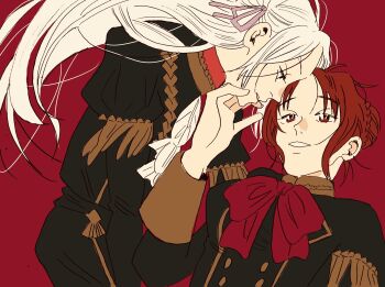  2girls blonde_hair bow bowtie commentary_request couple edelgard_von_hresvelg fire_emblem fire_emblem:_three_houses from_side garreg_mach_monastery_uniform gloves hair_ribbon hair_up hand_on_another's_chin hgus1128 highres leaning_forward long_sleeves looking_at_another looking_down looking_to_the_side looking_up monica_von_ochs multiple_girls nintendo parted_bangs parted_lips puffy_long_sleeves puffy_sleeves purple_eyes purple_ribbon red_eyes red_hair ribbon upper_body white_gloves yuri 