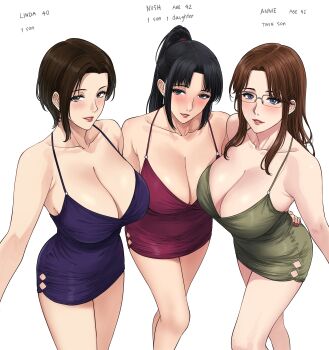  3girls absurdres annie_(xter) black_hair blush breasts cleavage collarbone commentary earrings english_commentary highres jewelry large_breasts linda_(xter) lips long_hair looking_at_viewer mature_female mole mole_under_mouth multiple_girls nush_(xter) original red_lips simple_background smile white_background xter  rating:Sensitive score:26 user:danbooru