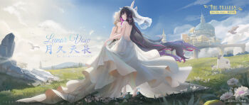  2girls alternate_costume backless_dress backless_outfit bare_shoulders barefoot bird black_hair bridal_veil brown_hair chinese_commentary closed_eyes closed_mouth cloud cloudy_sky columbina_(genshin_impact) commentary_request dress eye_mask floating_hair flower genshin_impact highres long_hair mask multicolored_hair multiple_girls outdoors purple_hair sandrone_(genshin_impact) sky smile standing strapless strapless_dress two-tone_hair veil very_long_hair wboss wedding_dress white_dress white_flower 