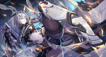  1girl absurdres armored_boots black_pantyhose black_shorts body_markings boots breasts bridal_gauntlets colored_eyelashes commentary_request electricity erdos_helia erdos_helia_(planar_armament:_warped_spacetime) grey_hair hair_intakes highres honkai_(series) honkai_impact_3rd knee_boots large_breasts leg_up long_hair looking_to_the_side navel pantyhose parted_lips phantom_racher ponytail short_shorts shorts single_leg_pantyhose solo stomach thighs yellow_eyes 