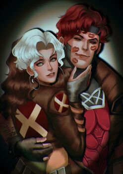  1boy 1girl absurdres arm_tattoo armor black_sclera bodysuit bridal_gauntlets brown_coat brown_hair brown_jacket butsuyui coat colored_sclera commentary couple covered_abs earrings english_commentary facial_hair film_grain gambit gloves green_bodysuit green_eyes grey_bridal_gauntlets hand_on_another's_back hand_on_another's_chin hetero highres hoop_earrings jacket jewelry lipstick_mark long_hair looking_at_viewer looking_back looking_to_the_side marvel marvel_rivals multicolored_bodysuit multicolored_hair partially_fingerless_gloves red_armor red_eyes red_hair red_lips rogue_(x-men) short_hair silver_earrings smile stubble superhero_costume tattoo trench_coat two-tone_bodysuit upper_body vignetting white_hair x-men yellow_bodysuit 