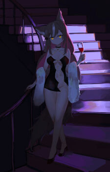  1girl absurdres animal_ears breasts brown_hair chisaka_airi cup dress drinking_glass glass high_heels highres large_breasts navel ok1teru phase_connect stairs tagme tail virtual_youtuber white_hair wine_glass wolf_ears wolf_tail yellow_eyes 