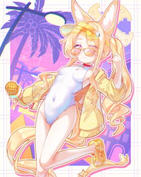  1girl animal_ear_fluff animal_ears blonde_hair blue_archive breasts clothing_cutout covered_navel cross_halo diamond_cutout fox_ears fox_girl fox_tail halo highleg highleg_one-piece_swimsuit highres holding holding_microphone jacket leaning_back loli long_hair microphone nozo.me official_alternate_costume official_alternate_hairstyle one-piece_swimsuit open-toe_shoes orange-tinted_eyewear orange_eyes palm_tree seia_(blue_archive) seia_(swimsuit)_(blue_archive) shoes side_ponytail small_breasts solo standing standing_on_one_leg sunglasses swimsuit tail tinted_eyewear tree visor_cap white_one-piece_swimsuit yellow_halo yellow_jacket yellow_shoes yellow_visor 