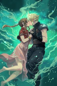  1boy 1girl aerith_gainsborough ahleckss arm_around_back arm_behind_back armor baggy_pants bangle barefoot belt black_boots black_gloves blonde_hair blue_pants blue_shirt boots bracelet braid braided_ponytail brown_belt brown_hair closed_eyes cloud_strife couple cropped_jacket dress final_fantasy final_fantasy_vii final_fantasy_vii_remake gloves hair_ribbon hetero highres holding_hands interlocked_fingers jacket jewelry kiss lifestream long_dress long_hair multiple_belts pants parted_bangs pauldrons pink_dress pink_ribbon red_jacket ribbed_shirt ribbon shirt short_hair shoulder_armor sidelocks single_bare_shoulder single_braid single_pauldron sleeveless sleeveless_turtleneck spiked_hair suspenders turtleneck underwater 