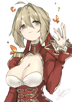  1girl absurdres ahoge braid breasts bun_with_braided_base chinese_commentary cleavage commentary dress epaulettes fate/extra fate_(series) green_eyes hair_bun hair_intakes highres large_breasts looking_at_viewer nero_claudius_(fate) qtian red_dress short_hair simple_background single_epaulette solo upper_body white_background 